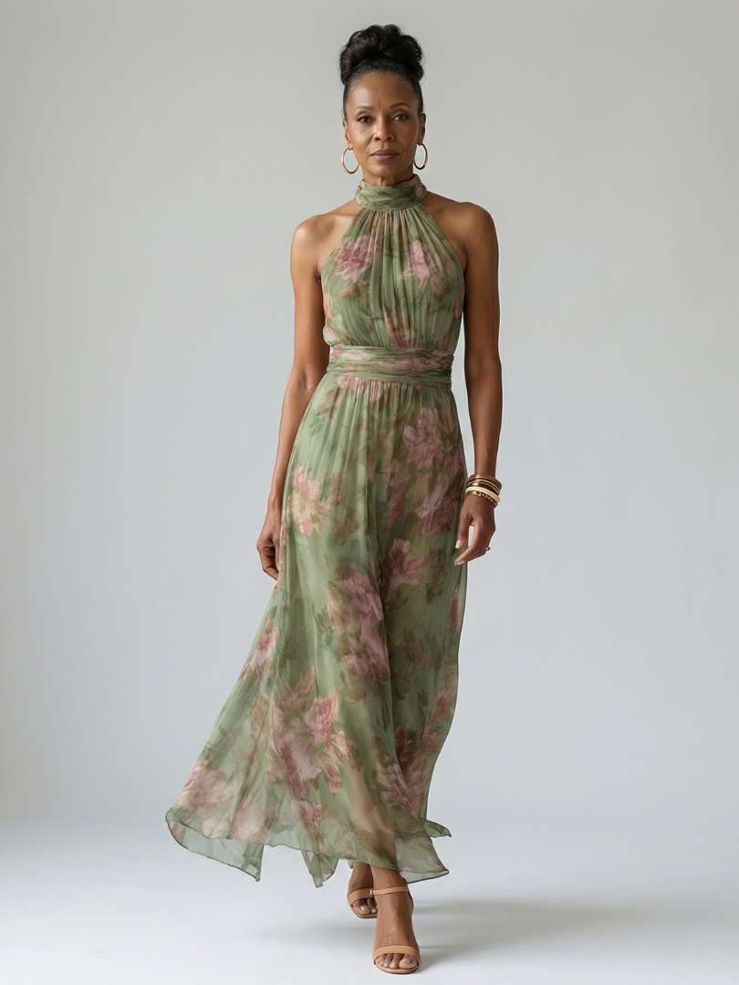 Summer-ready sage green halter midi dress, a stylish and flowy option for women's casual wear.