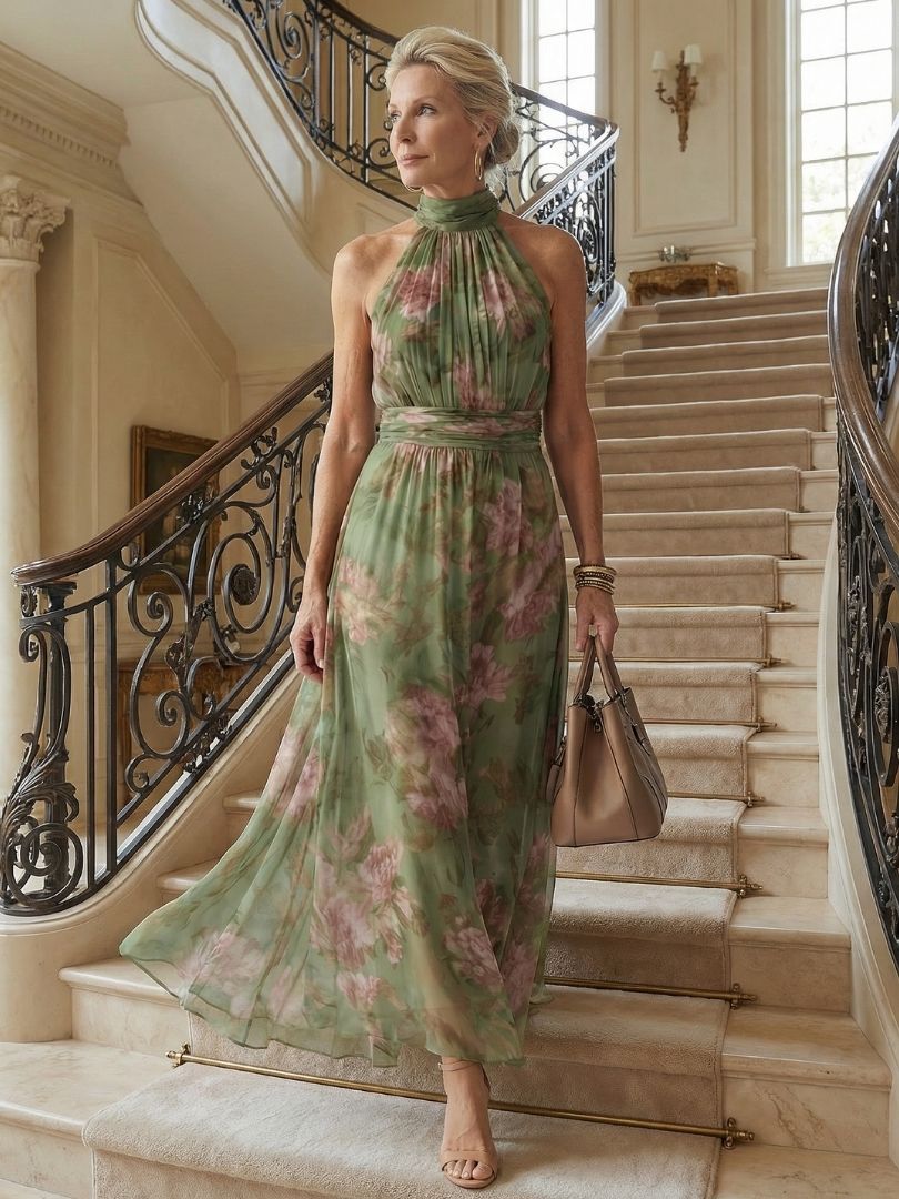 Vacation-ready sage green flowy midi dress for women, featuring a chic halter and gathered details.
