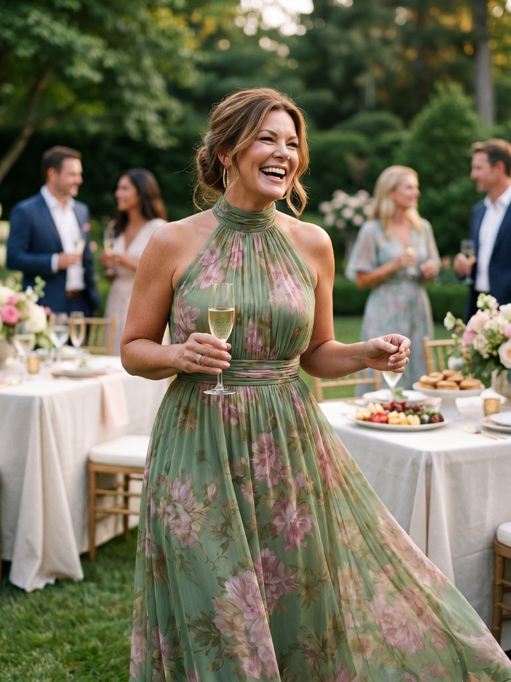 Stylish sage green floral halter midi dress, designed with a flowy skirt and gathered waist for women.
