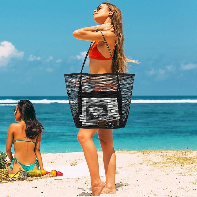 Women's foldable mesh beach tote bag with inner pocket. Large capacity, sandproof & waterproof for summer travel.