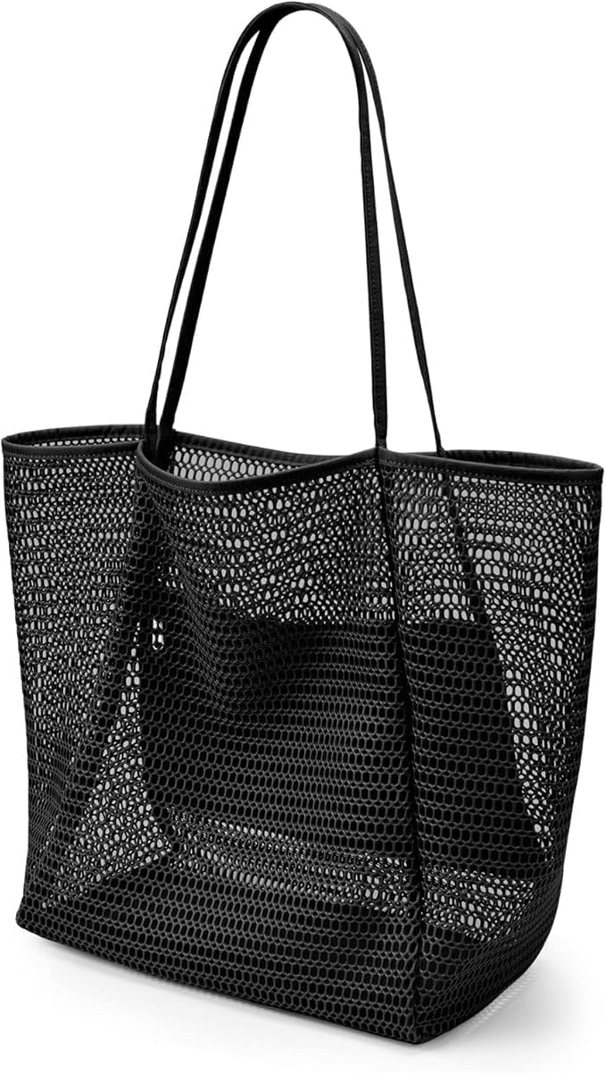 Lightweight mesh beach tote bag for women, easily foldable. Perfect for summer, travel, sandproof and spacious.