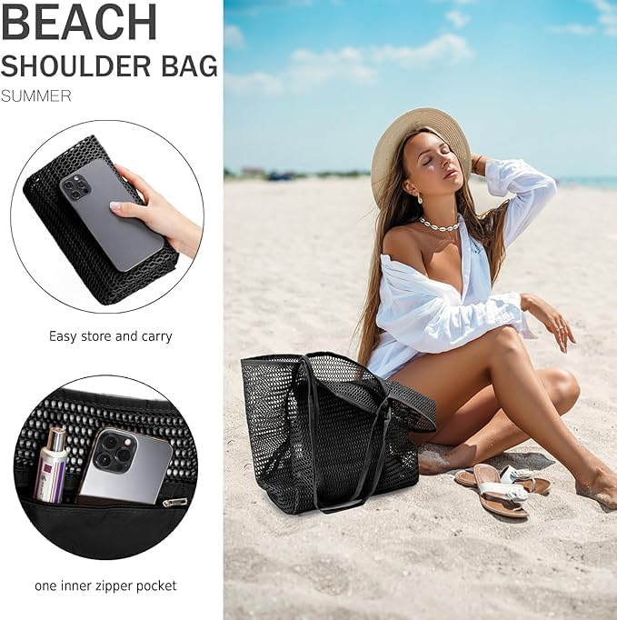 Spacious women's foldable mesh tote bag with inner pocket. Ideal large capacity summer beach & travel companion.