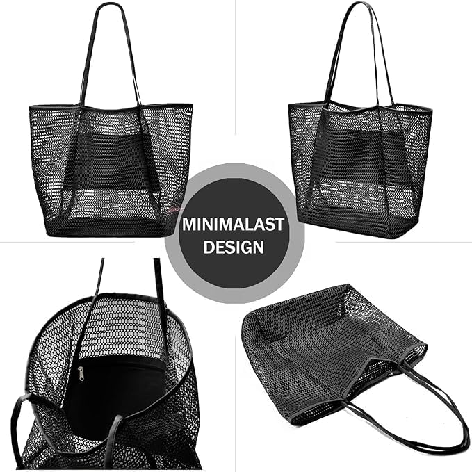 Close-up of a women's foldable mesh beach bag. Showcases its large capacity, inner pocket, and travel-ready design.