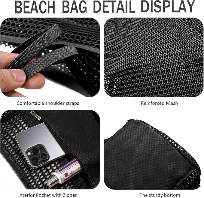 Versatile women's mesh beach tote, foldable design. Great large capacity travel bag, waterproof & sandproof.