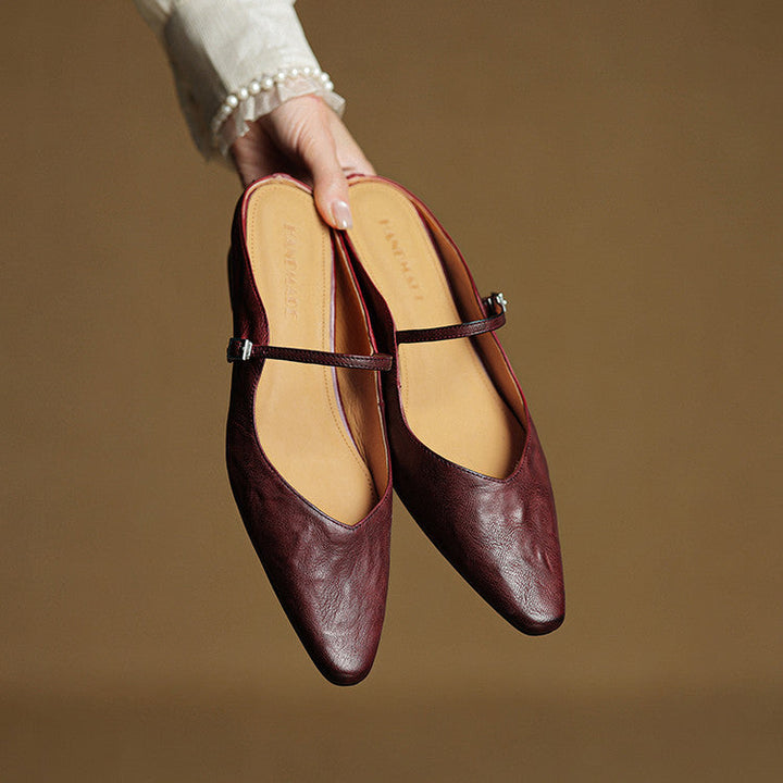Side profile of women's genuine leather slip-on mules, comfortable and chic footwear