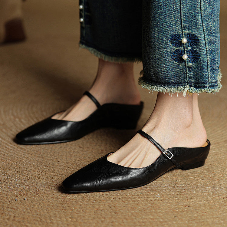 Genuine leather women's flat mules, comfortable slip-on shoes for all-day wear