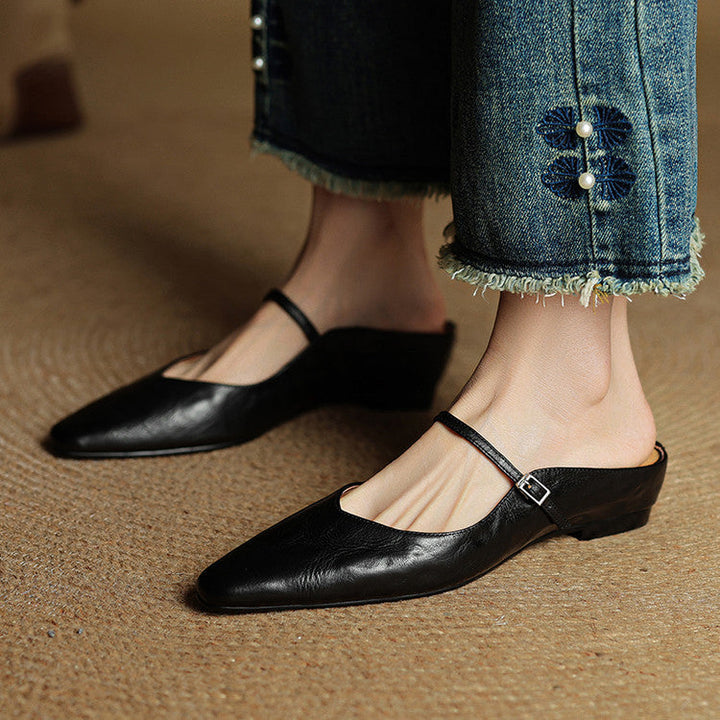 Genuine leather women's flat mules, comfortable slip-on shoes for all-day wear