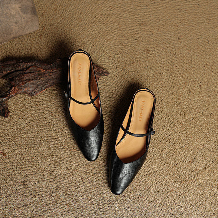 Back view of women's genuine leather slip-on mules, highlighting heel detail