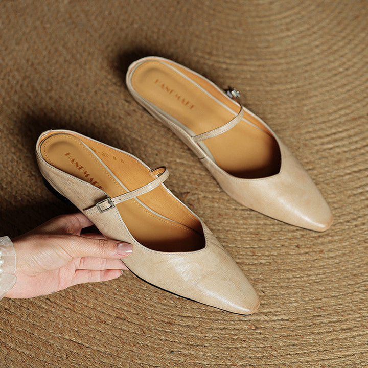 Classic black genuine leather slip-on mules, versatile and comfortable women's footwear