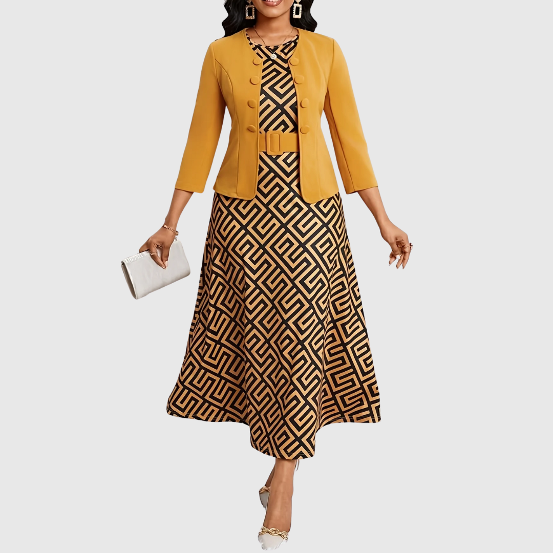 Women's geometric print belted two-piece dress and jacket set, elegant for day to evening wear.