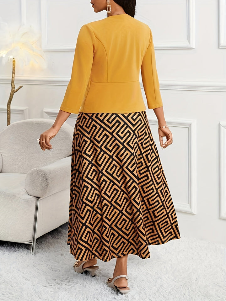 Stylish women's printed co-ord set with a midi length dress and a matching lightweight jacket.