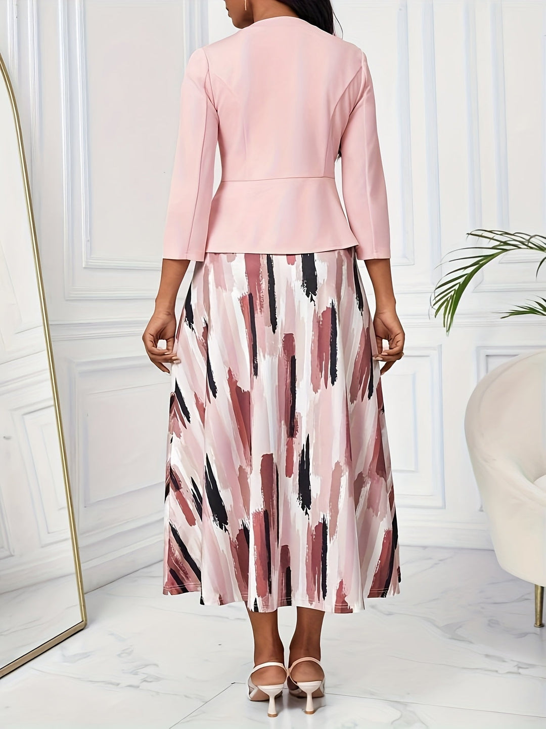 Close-up of the jacket from the women's printed belted two-piece set, featuring geometric pattern.