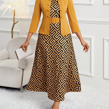 Women's printed dress and jacket set, perfect for office or a sophisticated evening out.