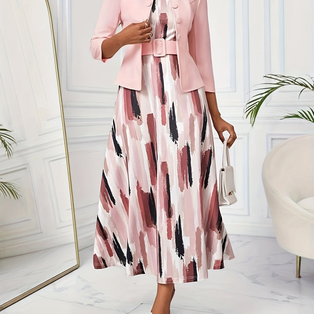 Elegant women's wear: a belted printed dress paired with a tailored jacket in a matching print.