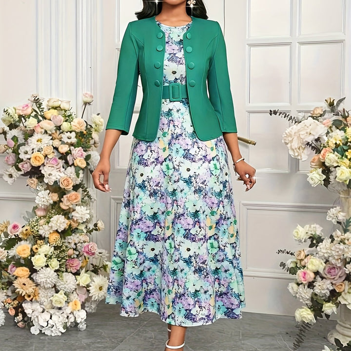 Fashionable women's two-piece set, combining comfort of a dress with sophistication of a jacket.