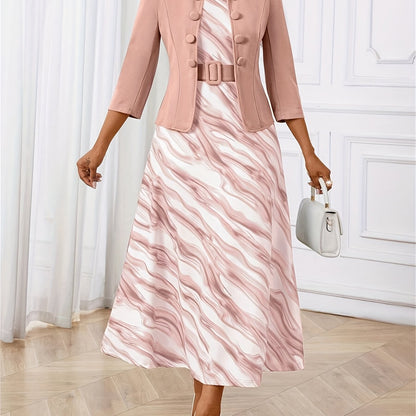 Lifestyle image of a woman confidently wearing the printed belted dress and jacket set.
