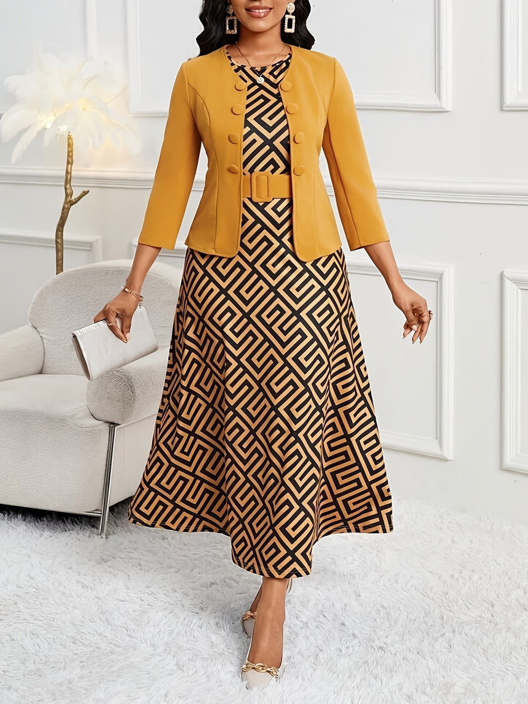 Full shot of a women wearing a stylish printed belted two-piece dress and jacket set.