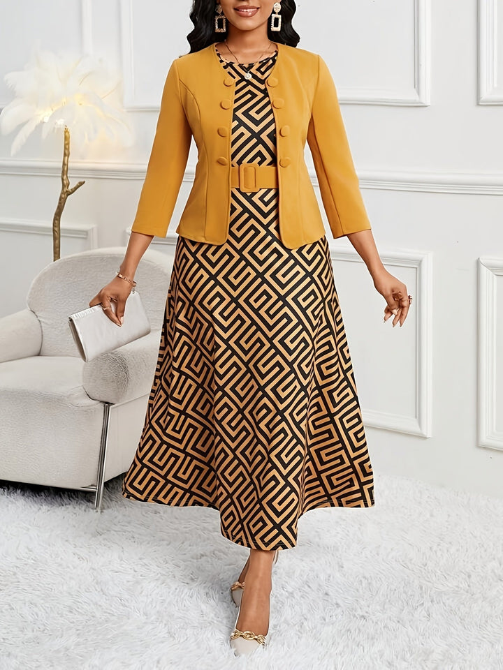 Full shot of a women wearing a stylish printed belted two-piece dress and jacket set.