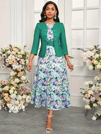 Side view of a women's belted dress and jacket set, showcasing the printed design.