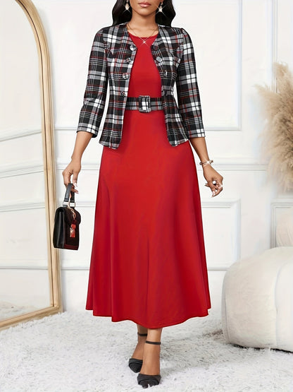 Women's clothing: versatile belted printed dress and jacket combo for various occasions.
