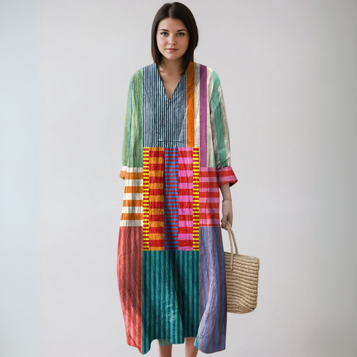 Elegant women's midi dress with a stylish geometric print, perfect for summer fashion and all-season wear
