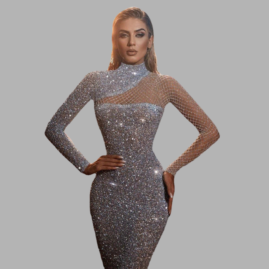 Women's glamorous off-shoulder sequin evening dress, perfect for special occasion or party wear