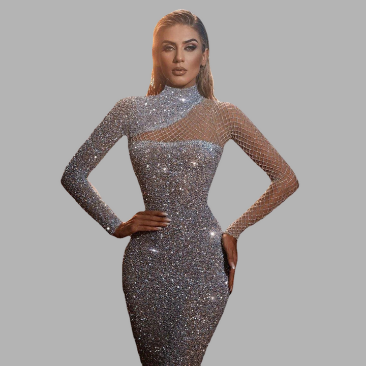 Women's glamorous off-shoulder sequin evening dress, perfect for special occasion or party wear