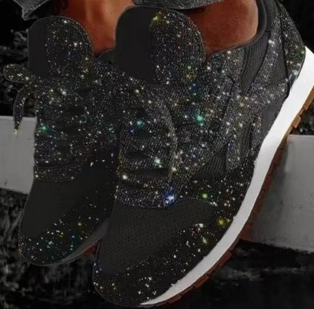 Women's glitter lace-up trainers with bright silver sparkles & white sole, comfortable fashion sneakers