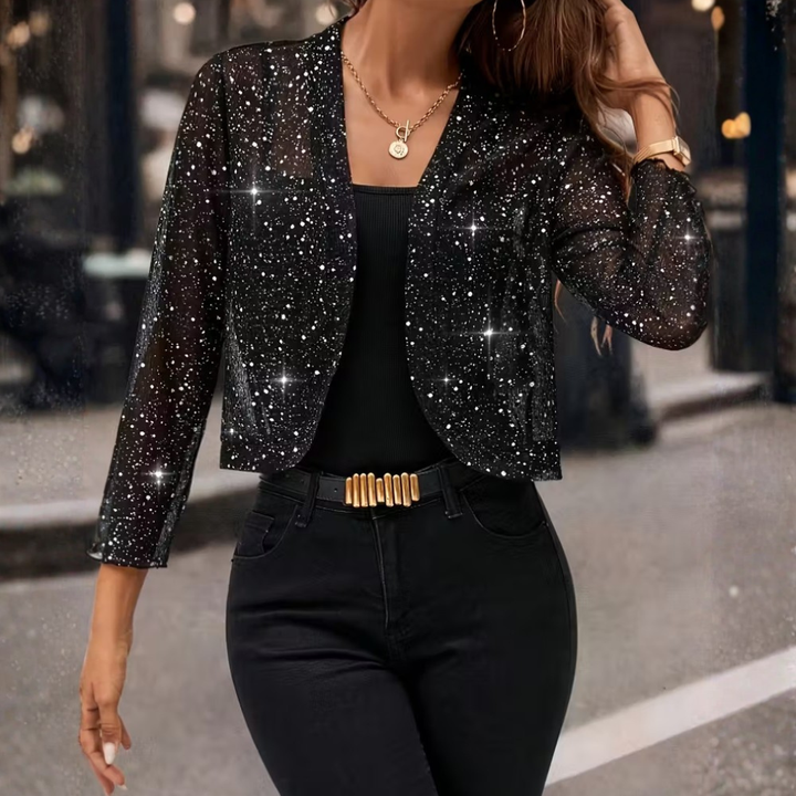 Sparkling women's open front sequin cardigan, perfect as an evening wear jacket