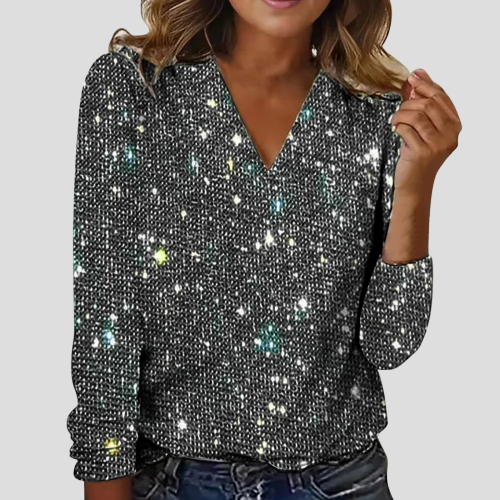 Women's glitter V-neck blouse, long sleeve sequin top for party wear, elegant festive attire