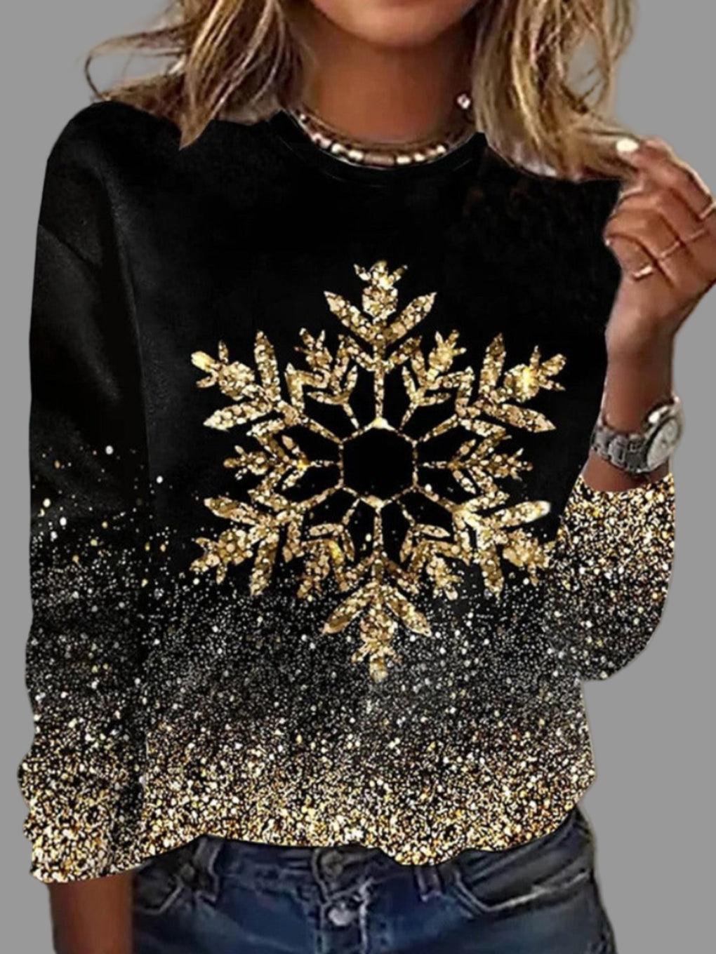 Women's Golden Snowflake Christmas Sweater, cozy knit holiday top with festive snowflake design