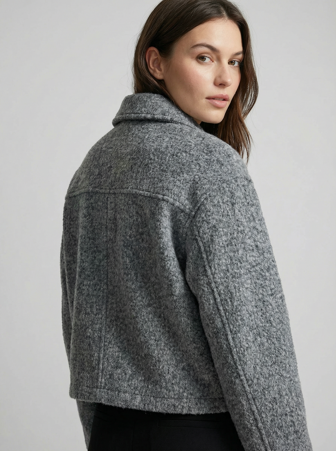 Stylish women's gray cropped zip jacket, ideal for modern autumn & spring fashion layering.