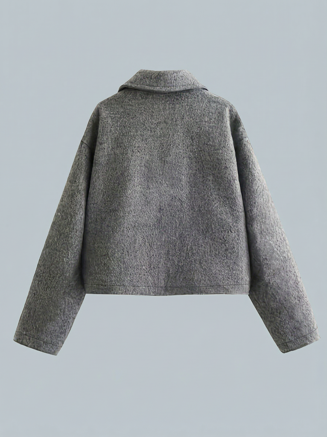 Women's stylish gray cropped zip jacket with convenient front pockets. An essential versatile outerwear.