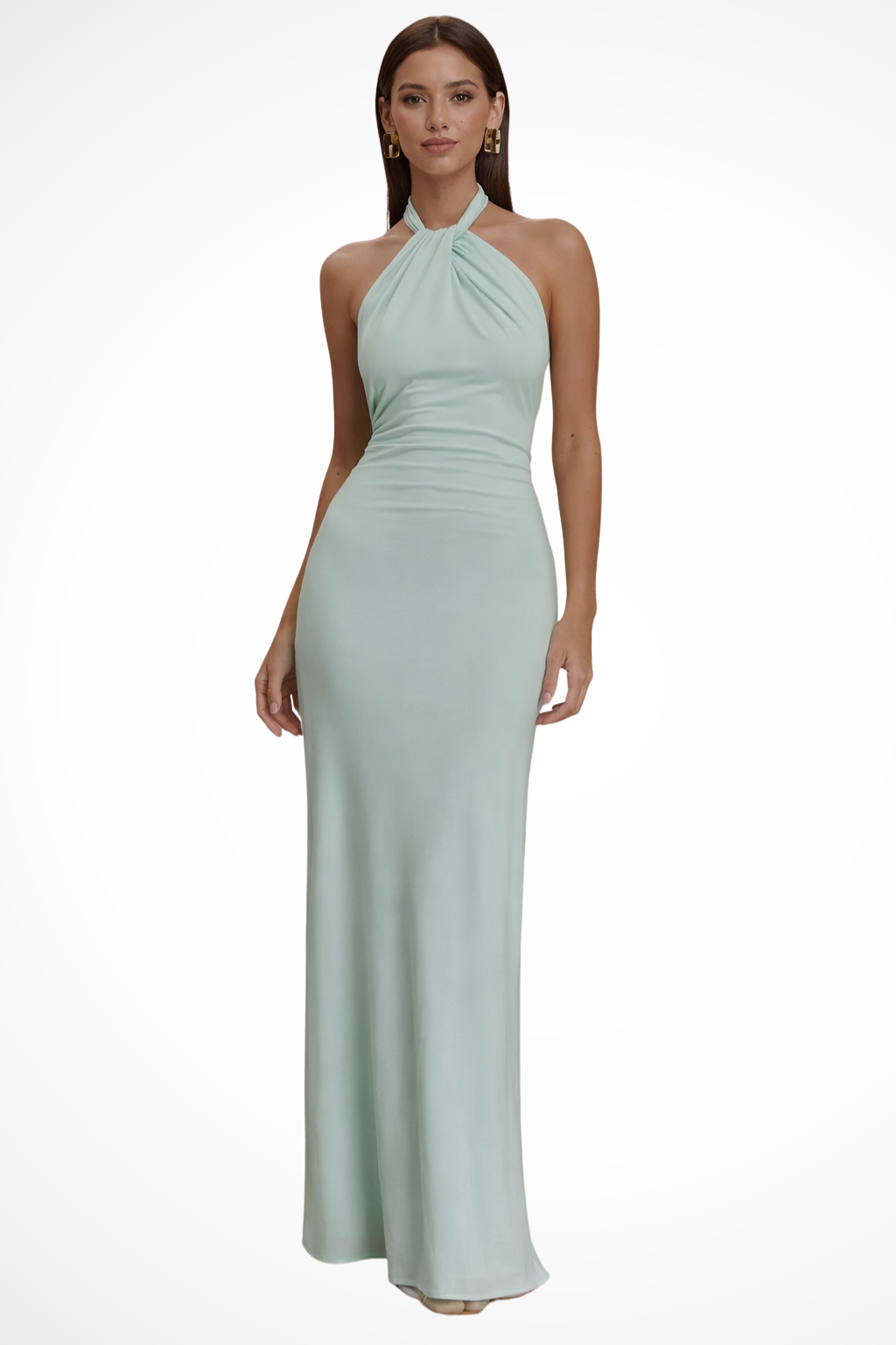 Women's halter neck bodycon maxi dress with open back and twisted knot detail. Elegant evening party gown.
