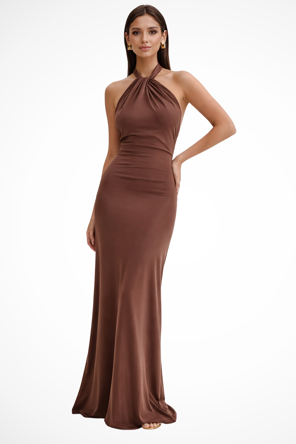 Stunning halter neck bodycon maxi dress. Open back twisted knot detail. Perfect for evening or formal events.