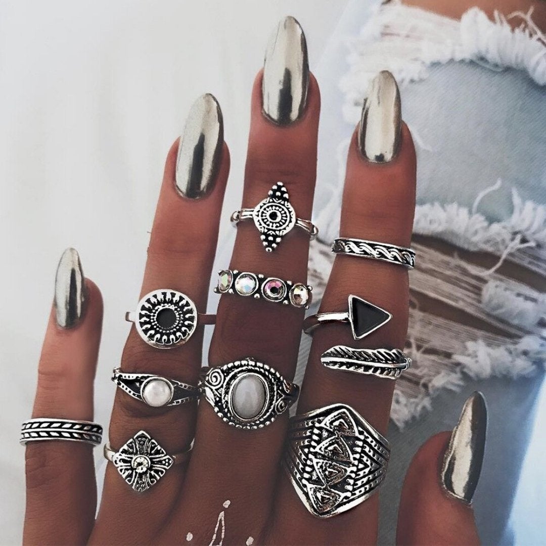 Women's elegant unique silver ring set, stackable and artisan-crafted. Perfect for daily wear.