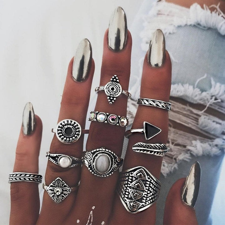 Women's elegant unique silver ring set, stackable and artisan-crafted. Perfect for daily wear.