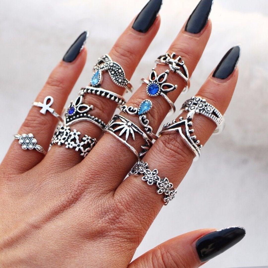Crafted unique silver ring set, stackable for women. Handmade fashion accessory with elegant style.