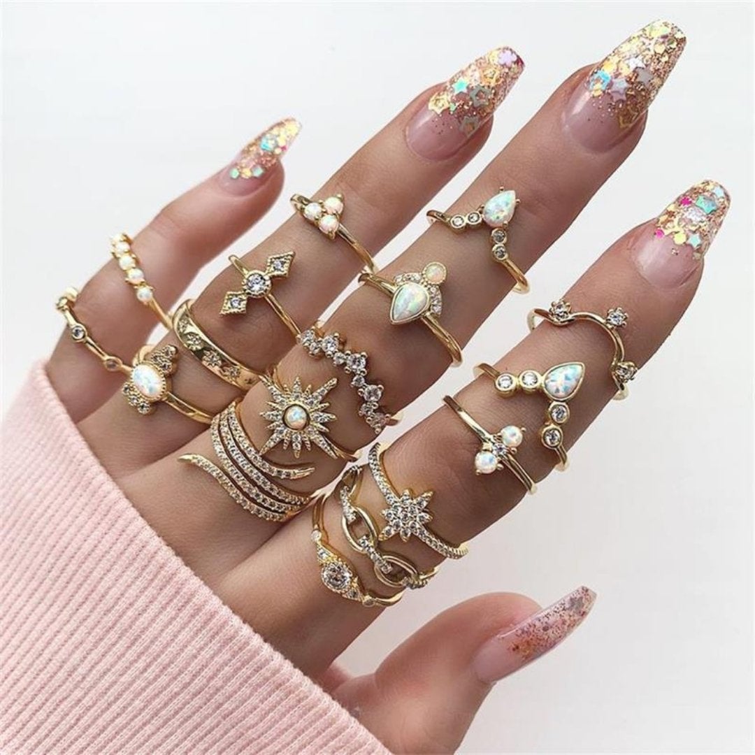Elegant handmade silver rings, stackable unique designs. Women's fashion accessory set.