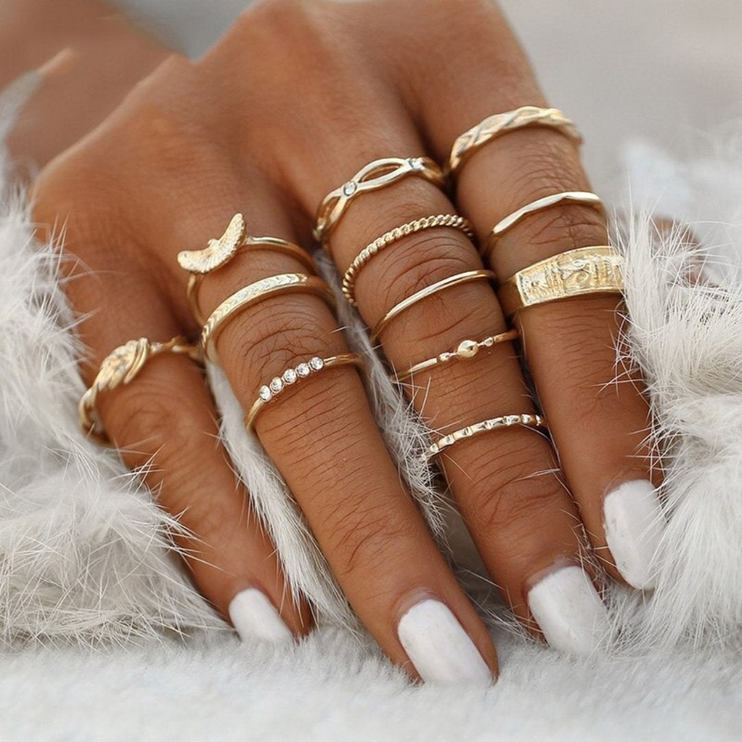 Women's elegant silver ring set, stackable unique designs. Handcrafted and fashionable jewelry.