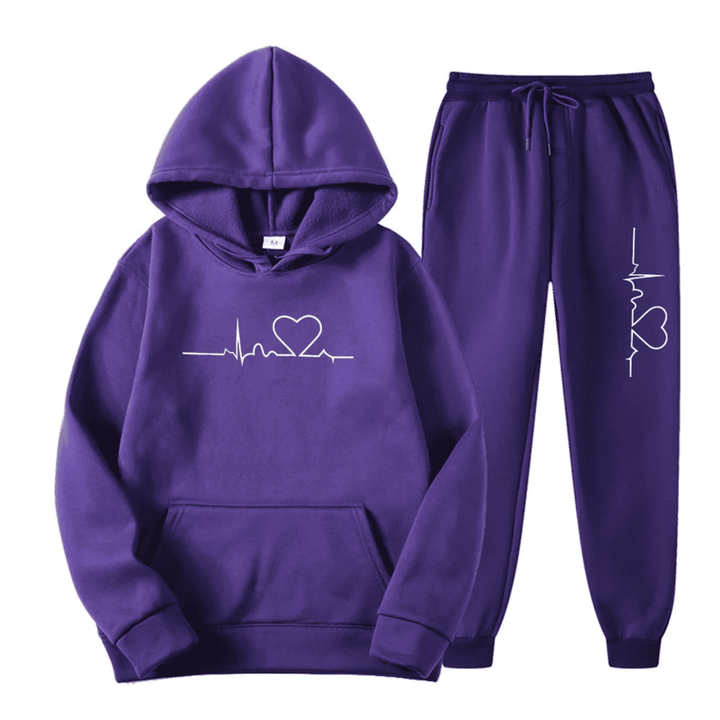 Relaxed fit women's loungewear set with heartbeat graphic hoodie and matching joggers, casual style