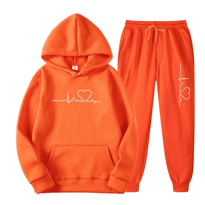 Two-piece women's casual loungewear: sweatshirt with heartbeat graphic and comfortable jogger pants