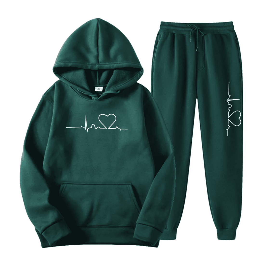Women's relaxed hoodie and pants set featuring a unique heartbeat graphic design for loungewear