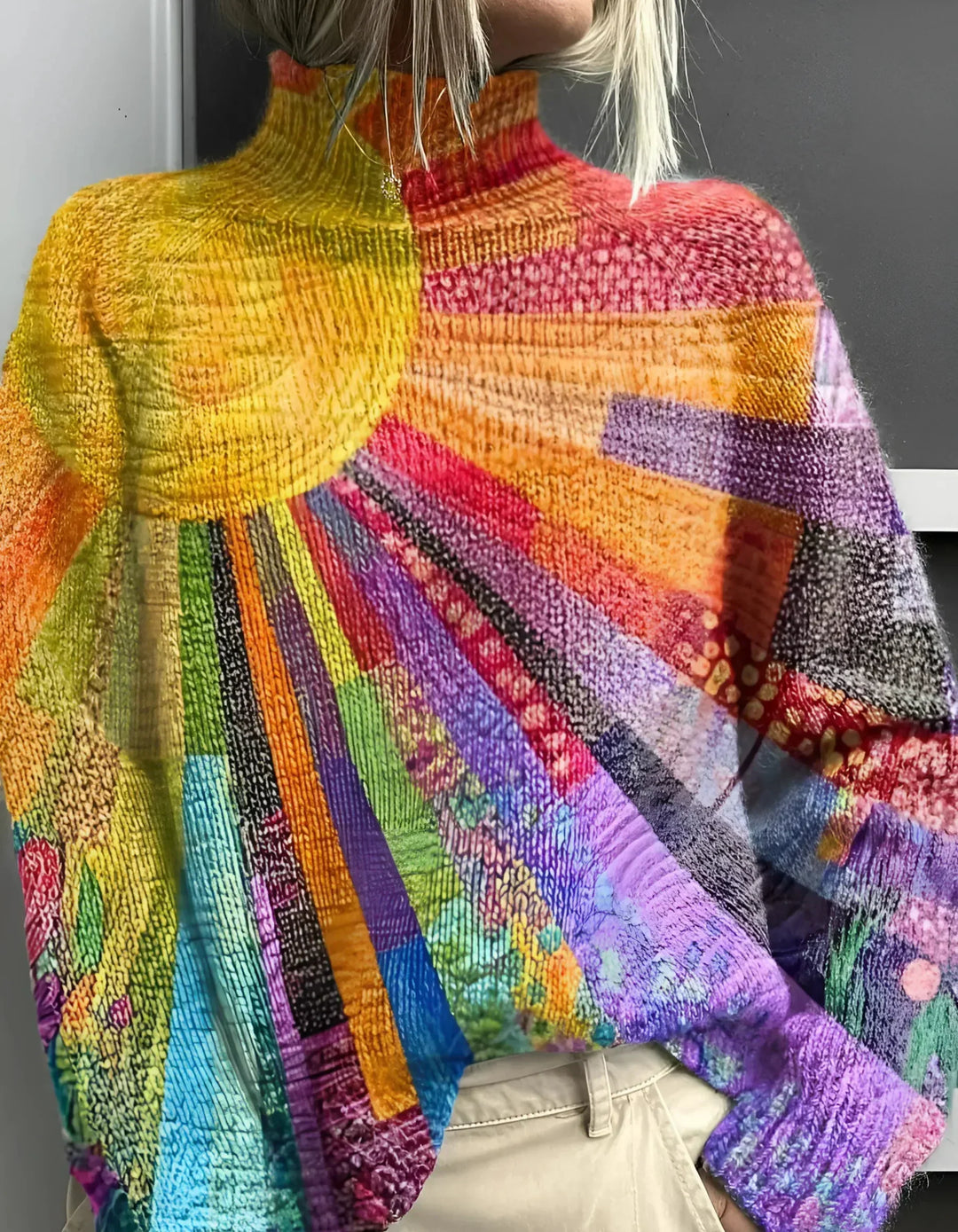 Women's high collar colorful patterned knit sweater, cozy winter fashion, long sleeve casual wear