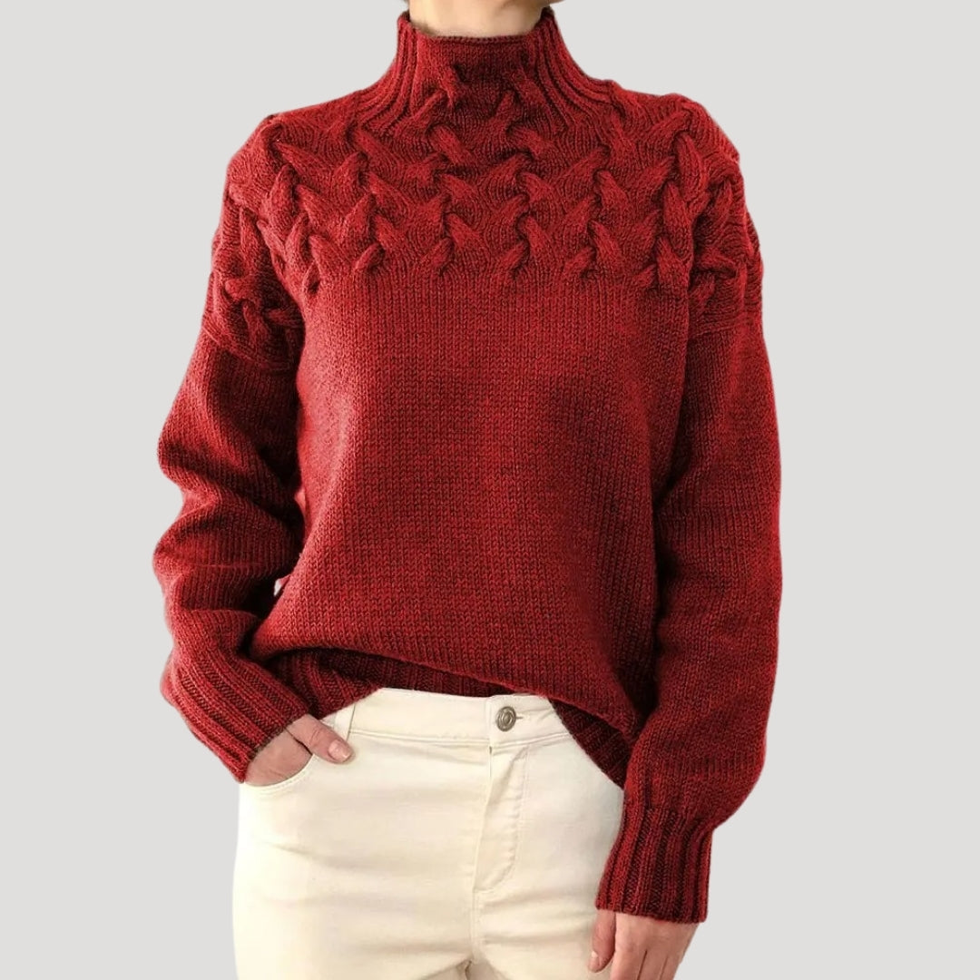 Comfortable and stylish women's high-neck cable knit spring sweater, great for layering or standalone.