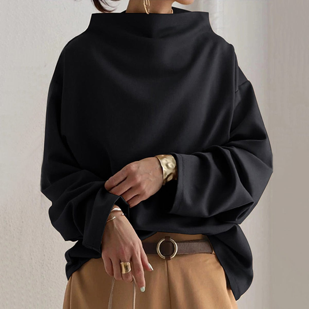 Women's high-neck long-sleeve top in black, perfect for elegant casual or office winter wear.