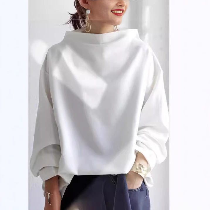 Chic women's high-neck long-sleeve top, ideal for office attire or stylish winter fashion.