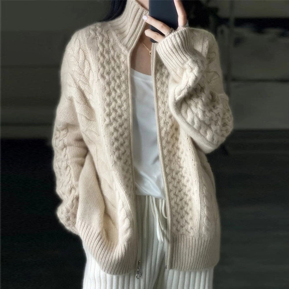 Women's high neck wool-like knit cardigan, loose fit layering thermal.