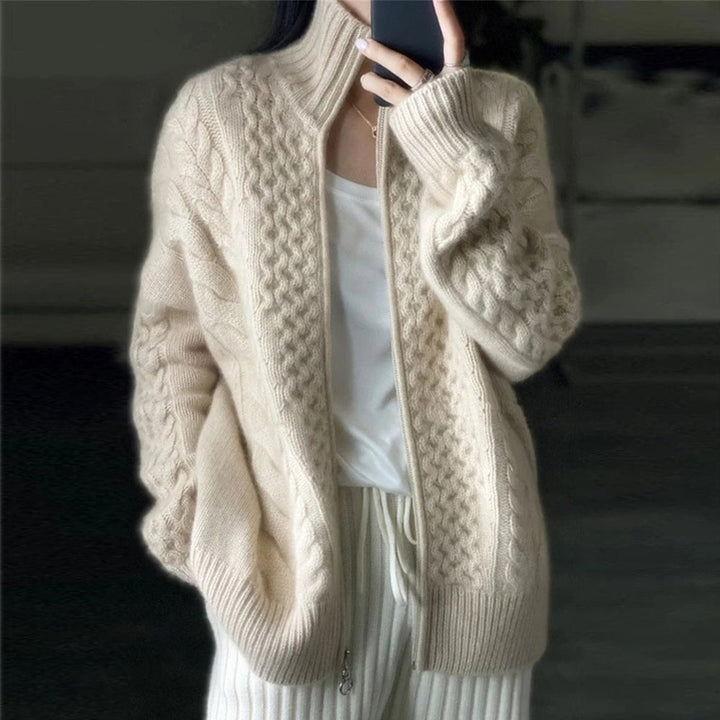 Women's high neck wool-like knit cardigan, loose fit layering thermal.