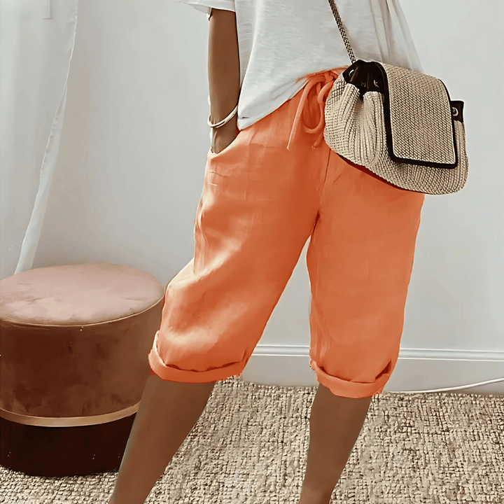 Women's high-rise cotton linen harem knee-length shorts, elastic waist, solid, comfortable summer casual wear